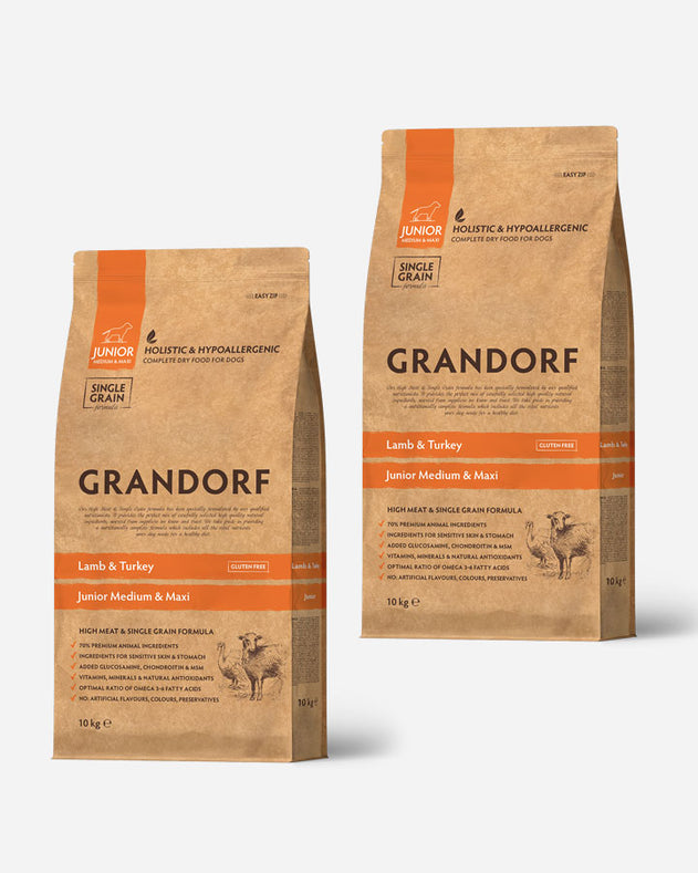 Grandorf Junior Medium & Maxi – lam og kalkun – 2 x 10 kg